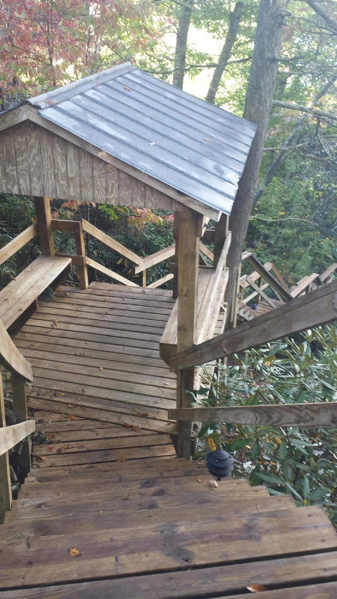 Metal roofed shelter over wooden steps on a wooded walkway — Skylight Repair & Installation work by our crew in Buda